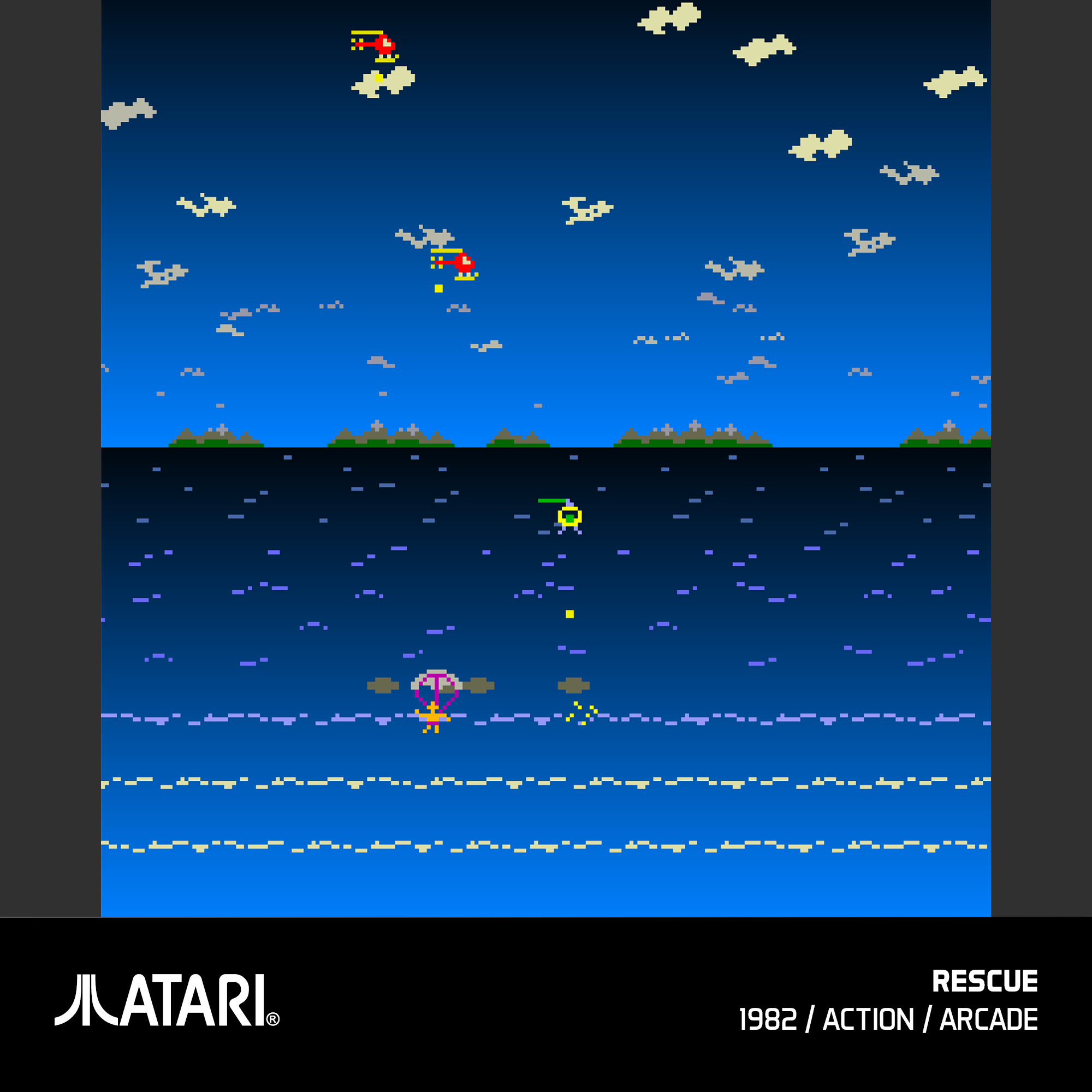 Atari Rescue-Spielbildschirm mit pixeliger Grafik und einem Himmels-Hintergrund.