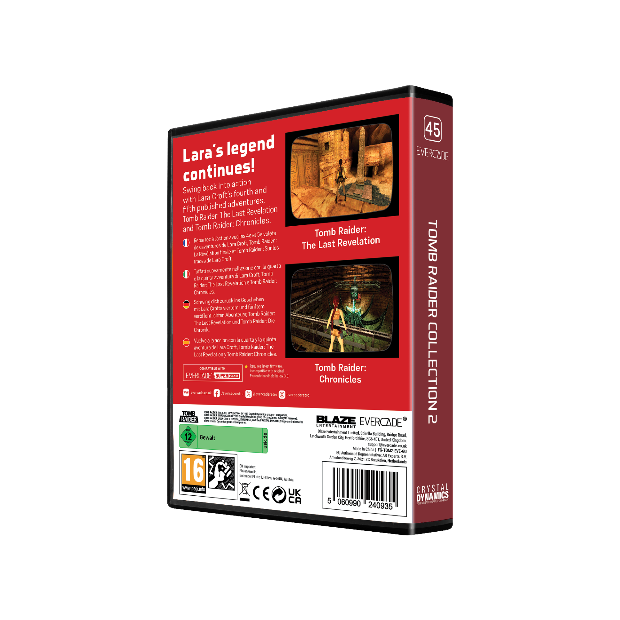 Rückseite der Tomb Raider Spielbox. Bild von Lara Croft im Spiel. Rote und schwarze Farbe.