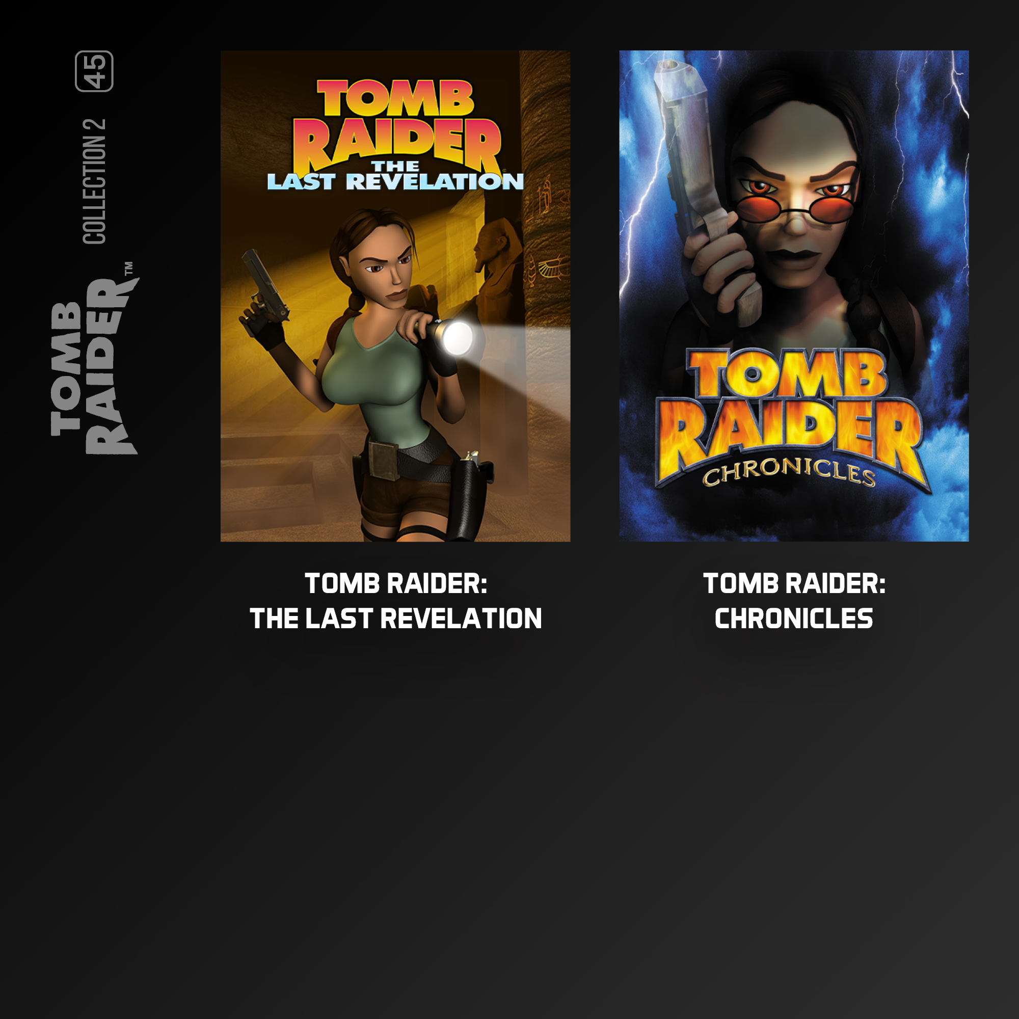 Zwei Tomb Raider-Spielcover. Eines zeigt Lara Croft mit einer Taschenlampe. Das zweite zeigt Lara mit Brille.