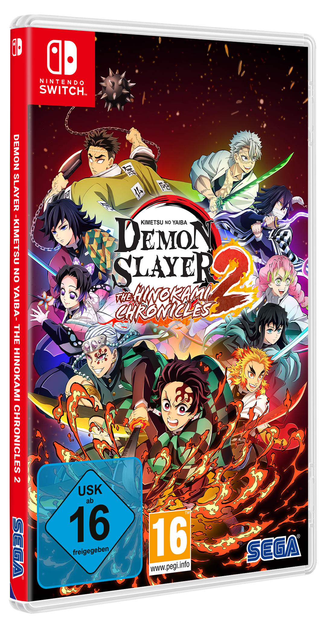 Das Cover eines Nintendo Switch-Spiels, Demon Slayer: Kimetsu no Yaiba, mit Charakteren.
