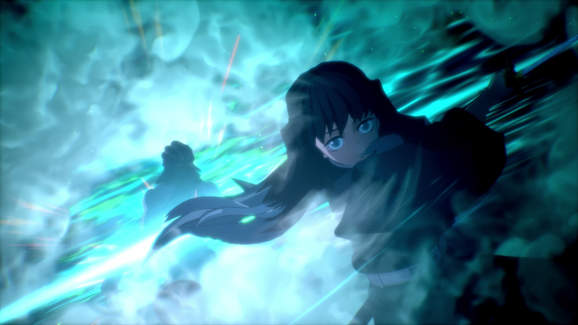 Anime-Mädchenfigur in einer bläulich gefärbten Szene mit einer Klinge, umgeben von blauen Energieeffekten.