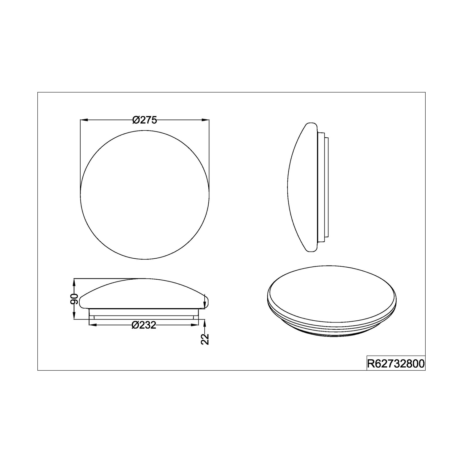 Diagramma di una plafoniera rotonda, con dimensioni e misure in un rettangolo.