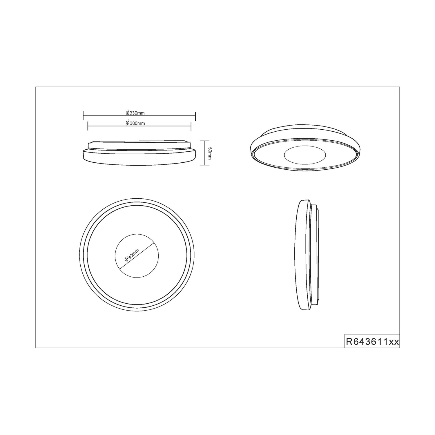 Disegni tecnici di un'apparecchio di illuminazione a soffitto circolare, che mostra varie viste e dimensioni.