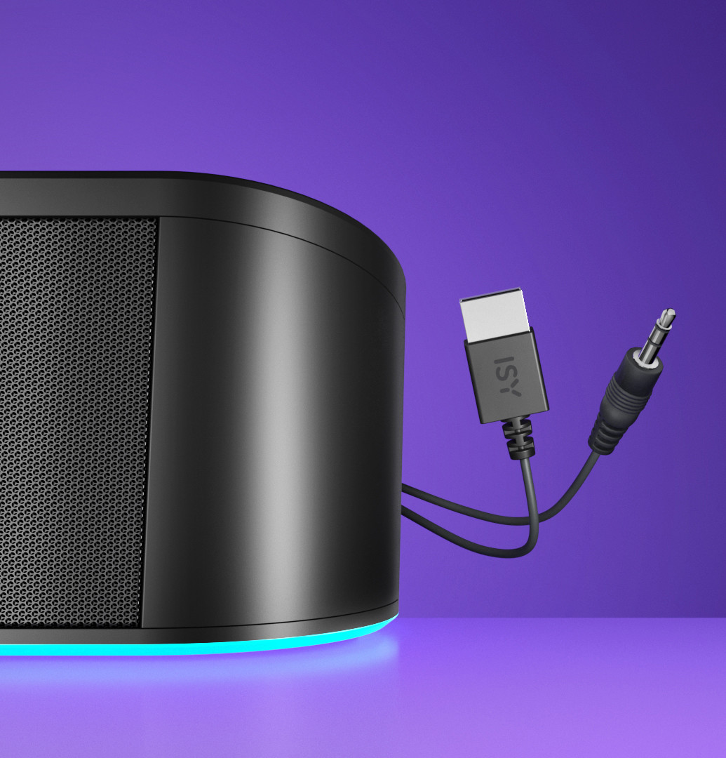 Czarny głośnik z niebieskim światłem. Podłączony jest kabel USB i jack audio.