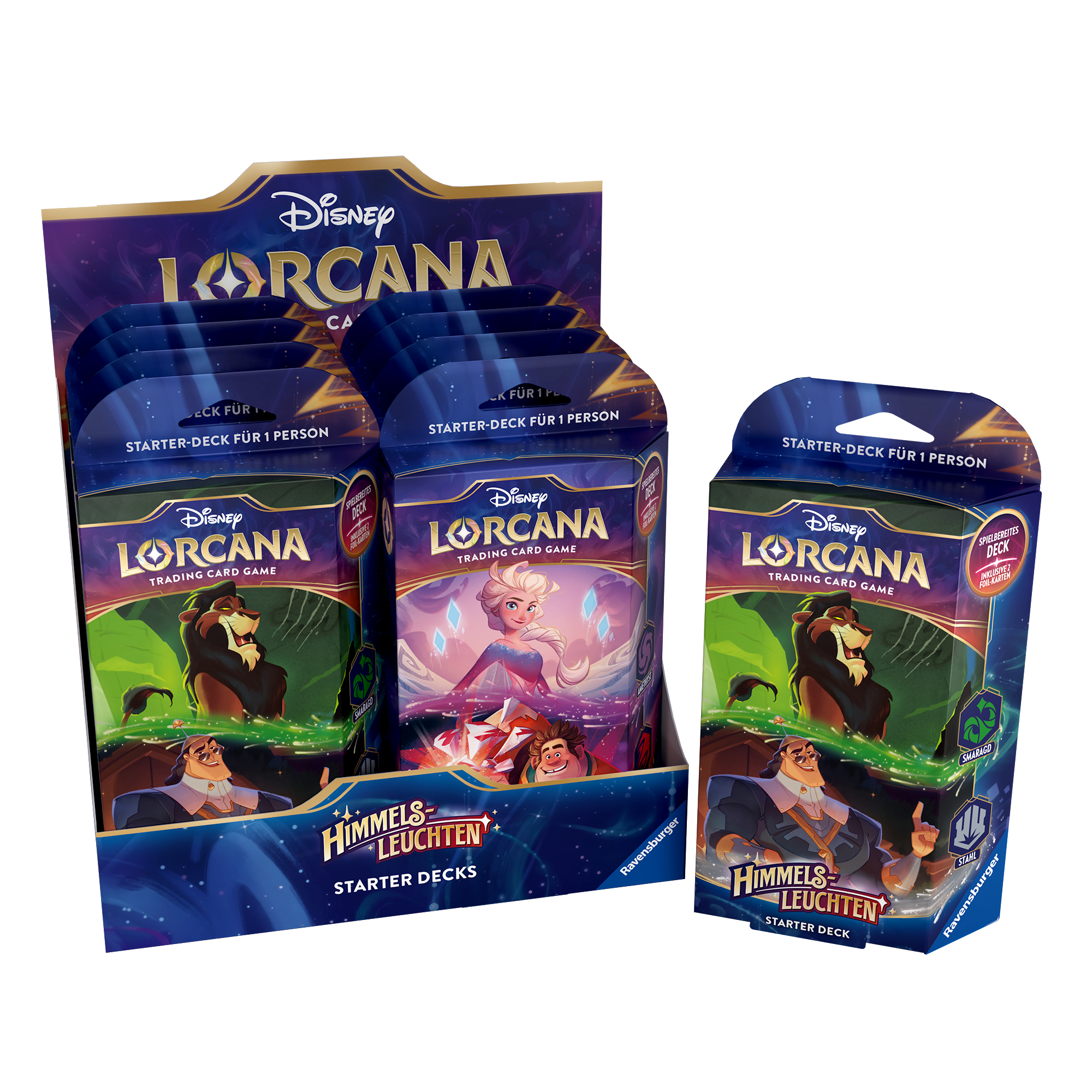 Disney Lorcana Trading Card Game Starter Decks in einer Displaybox mit verschiedenen Charakteren.