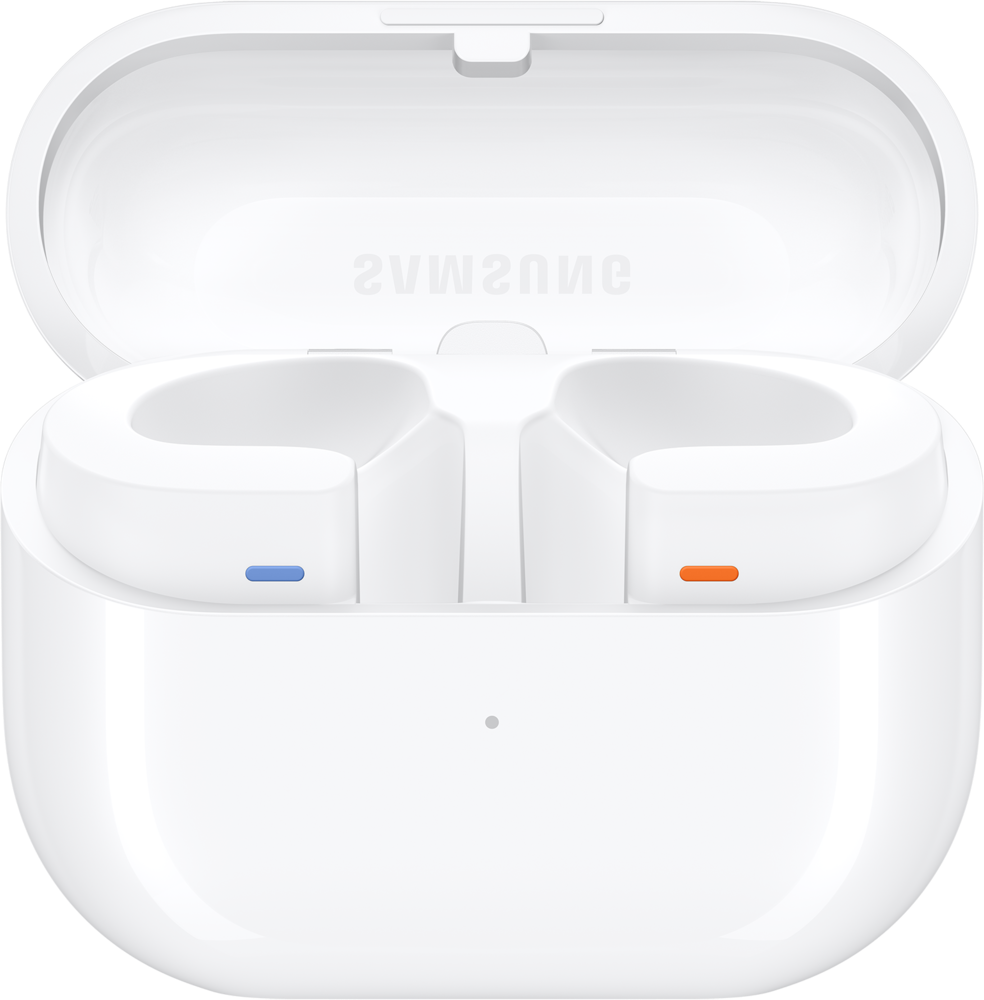 Étui d'écouteurs ouvert blanc avec des marqueurs bleus et orange à l'intérieur, avec le logo Samsung.