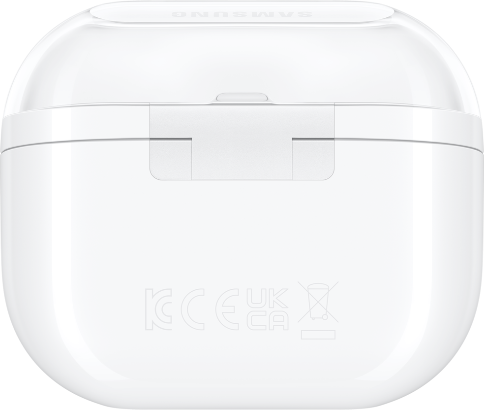 Un étui de chargement blanc pour Samsung Galaxy Buds, avec le logo de la marque et les certifications visibles.
