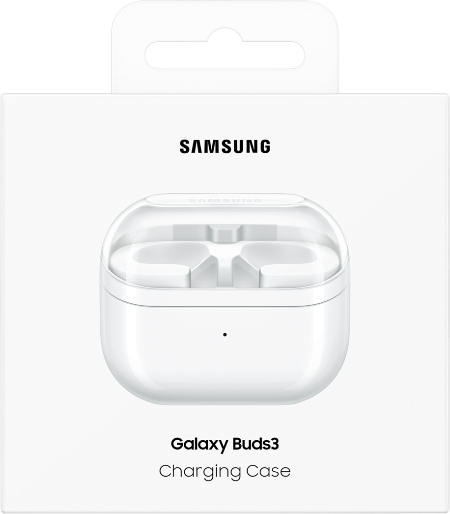 Un étui de chargement blanc Galaxy Buds3 avec le logo Samsung sur fond blanc.