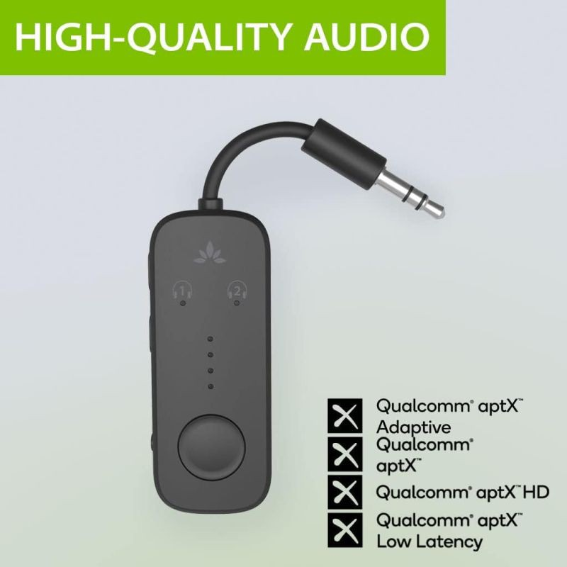 Adaptateur audio noir avec prise, informations produit à droite.