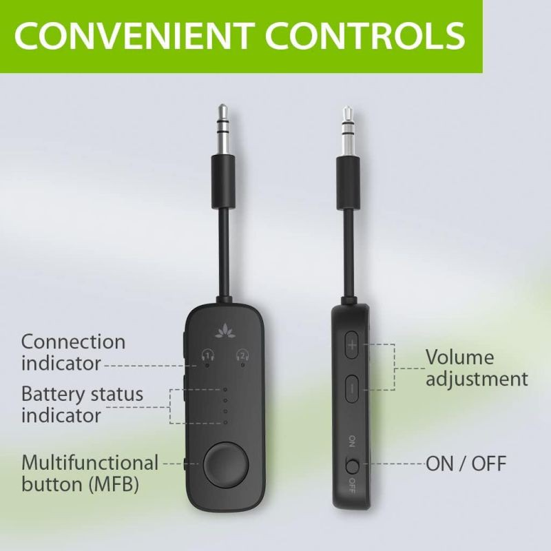 Deux appareils noirs avec les étiquettes : indicateur de connexion, état de la batterie et bouton multifonction.