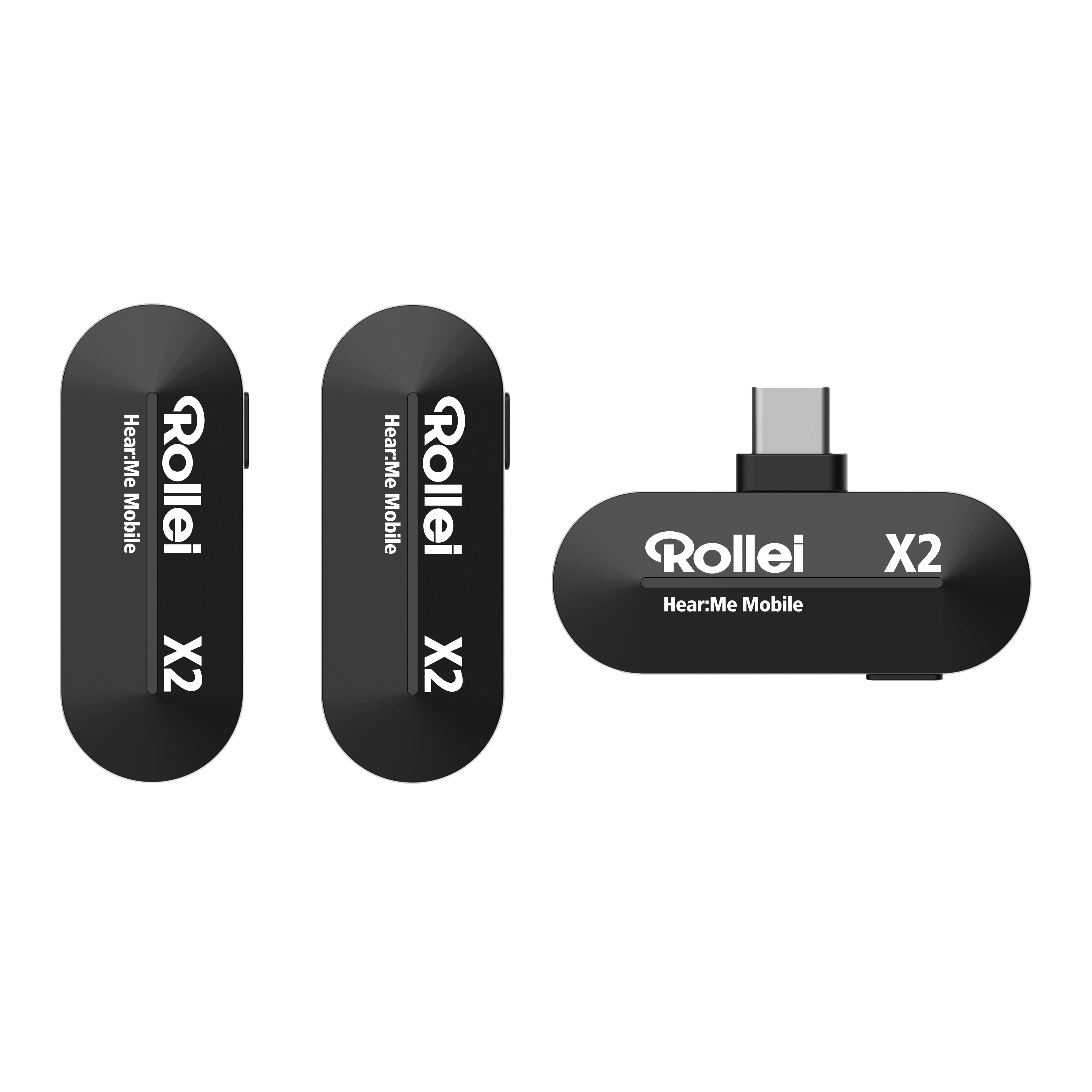 Drei schwarze Rollei Hear:Me Mobile X2 Geräte. Zwei sind separat, eines hat einen USB-C-Anschluss.