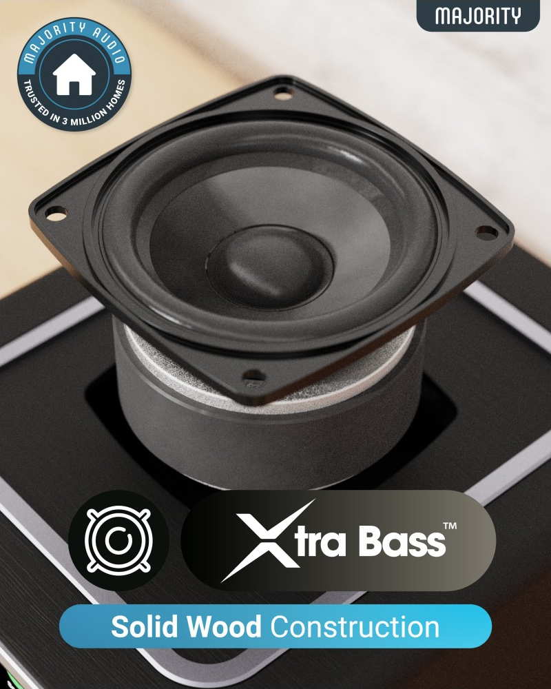 Haut-parleur avec un woofer et le texte 'Xtra Bass' sur fond noir.