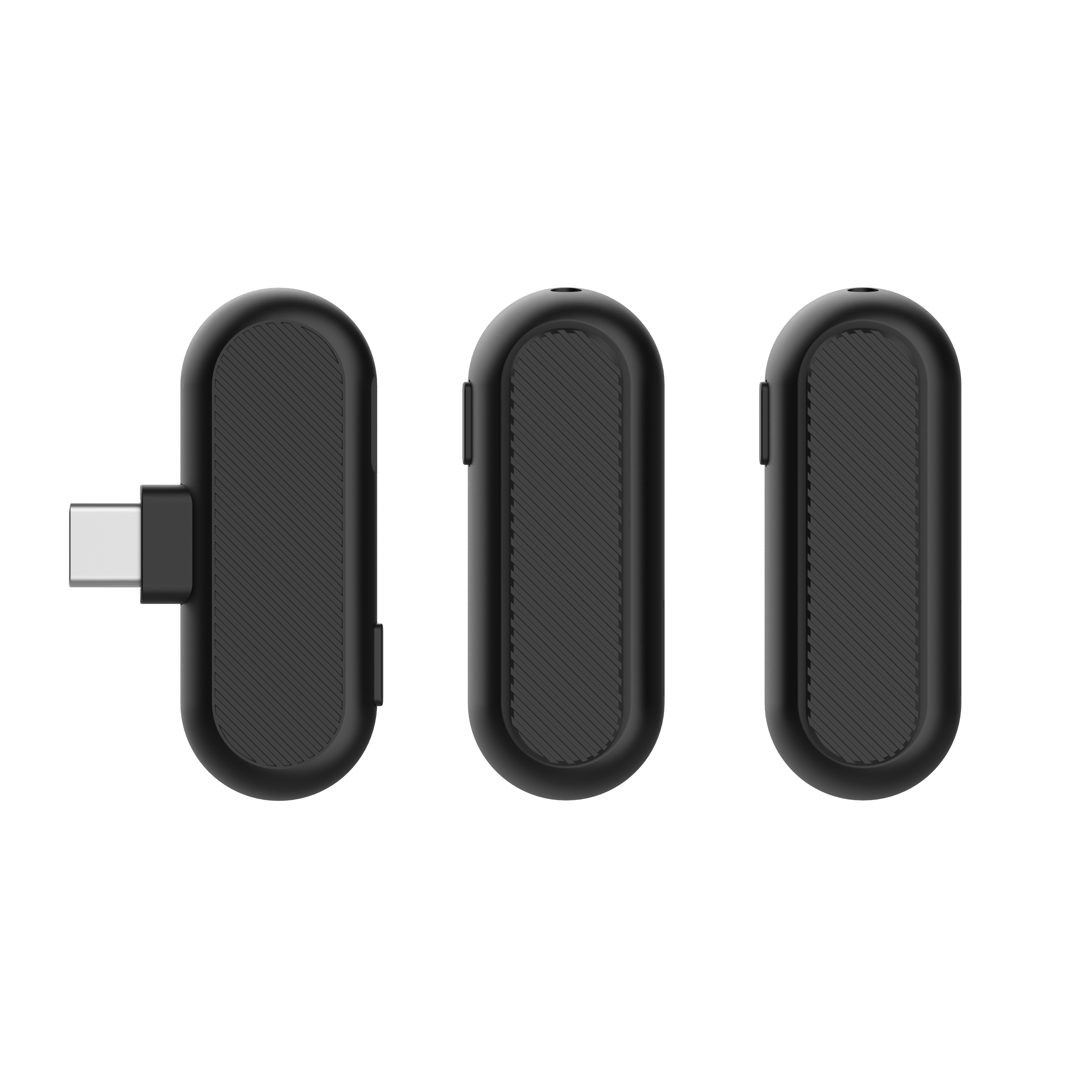Drei schwarze, oval geformte drahtlose Mikrofone.