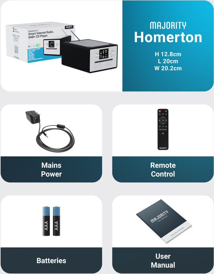 Diagramme d'une radio Majority Homerton avec accessoires : câble d'alimentation, télécommande, piles et manuel.