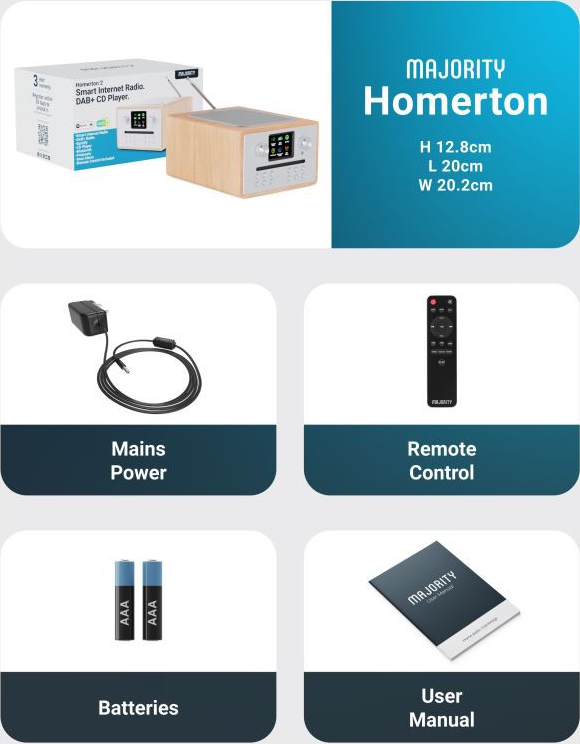 Une photo du produit montrant une radio et ses accessoires. Le texte sur la radio indique 'MAJORITY'.