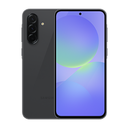 Ein dunkelgraues Samsung-Telefon. Die Rückseite zeigt eine Kameraanordnung. Der Bildschirm zeigt eine bunte Oberfläche.