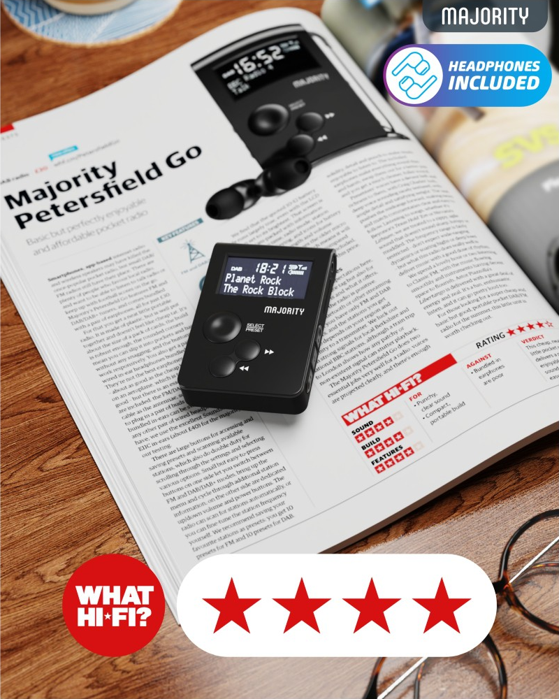 Radio tascabile nera con schermo, su una rivista. Sono mostrate le caratteristiche e una recensione.