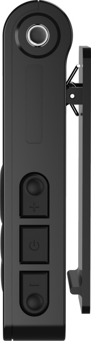 Dispositivo nero con pulsanti, connettore e clip.