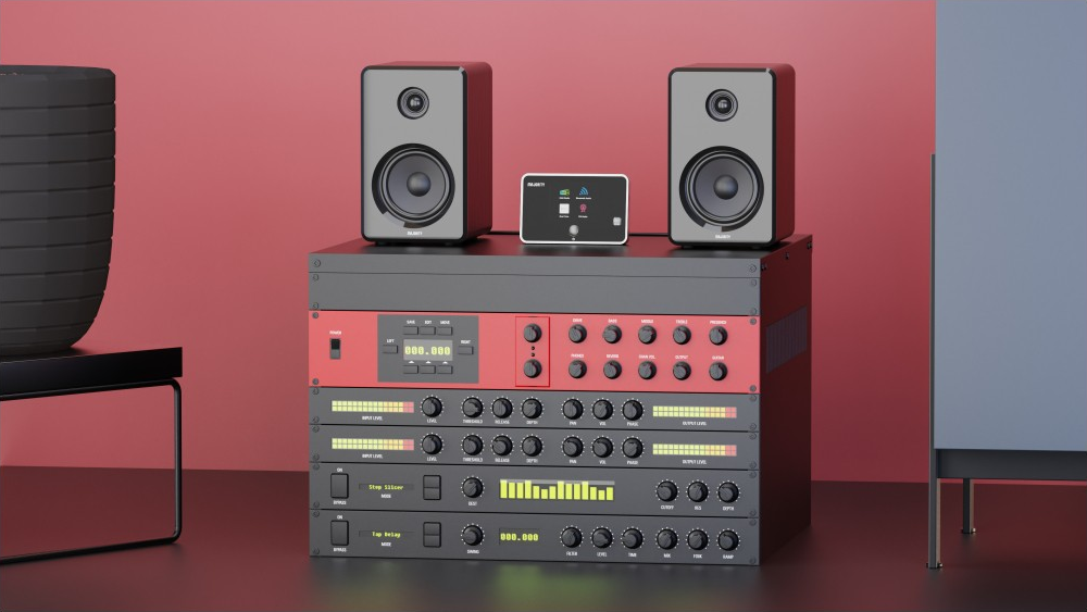 Configurazione studio con altoparlanti, interfaccia audio e apparecchiature rack su sfondo rosso.