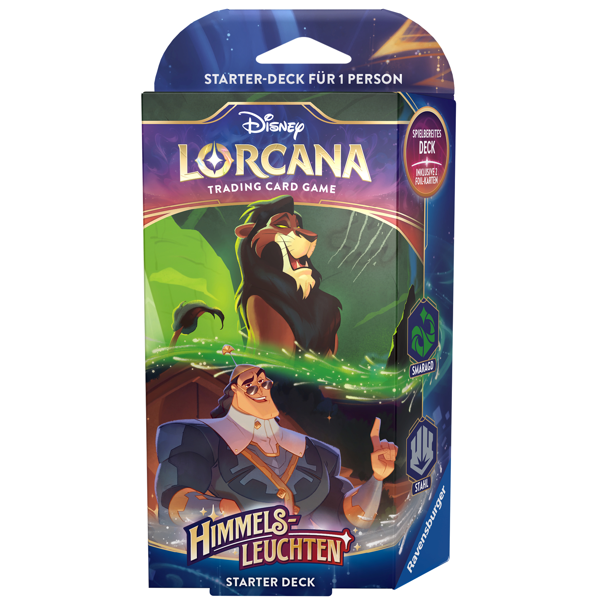 Disney Lorcana Trading Card Game Starter Deck Box mit Zeichentrickfiguren und Logo. Blauer Hintergrund.