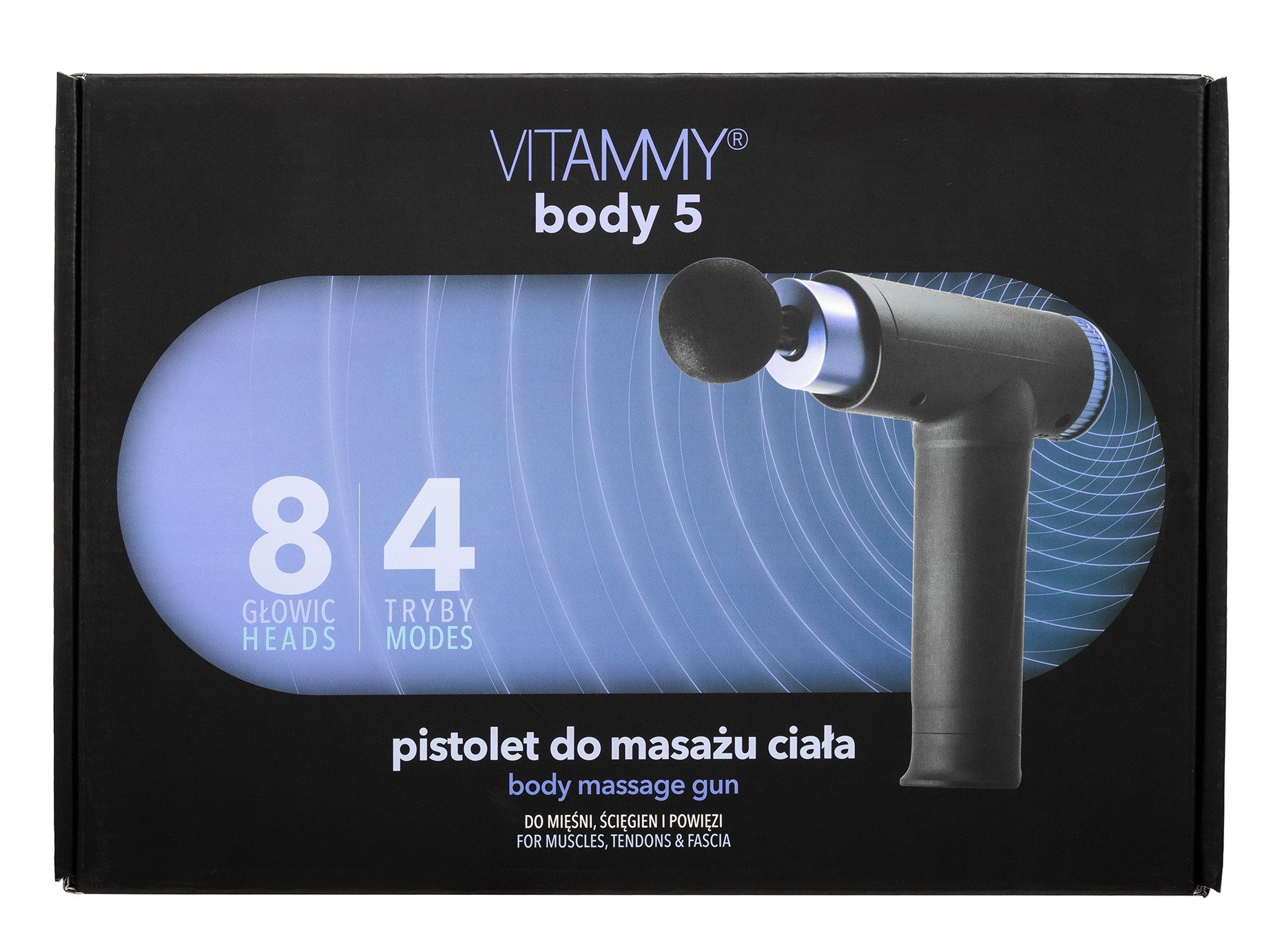 Czarny pistolet do masażu w pudełku, z tekstem i grafiką, czarne tło.