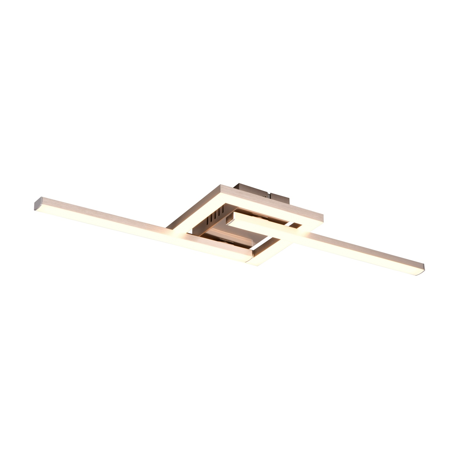 Lampada da soffitto moderna, con elementi rettangolari e a forma di croce. Sfondo bianco.