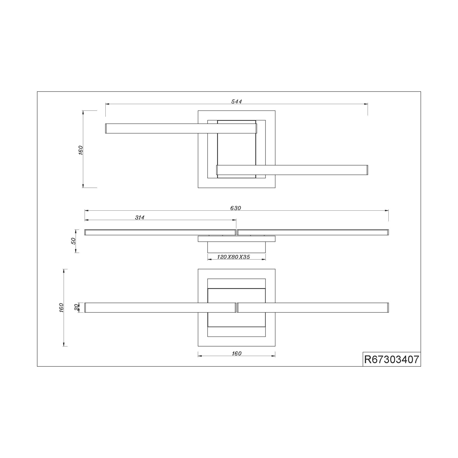 Disegno tecnico di un apparecchio di illuminazione con dimensioni in mm.
