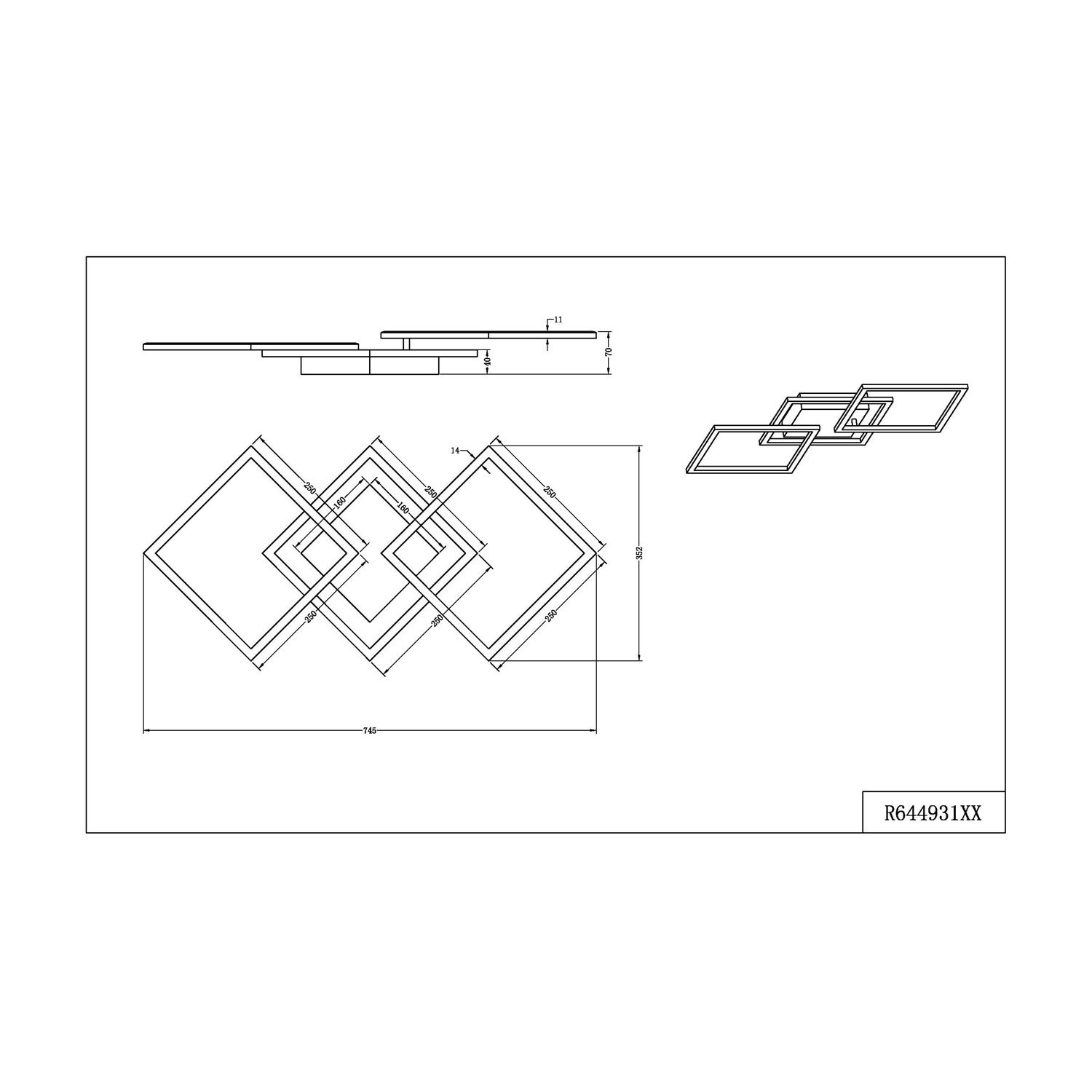 Disegno tecnico di una lampada da soffitto. Mostra dimensioni e forme quadrate sovrapposte.