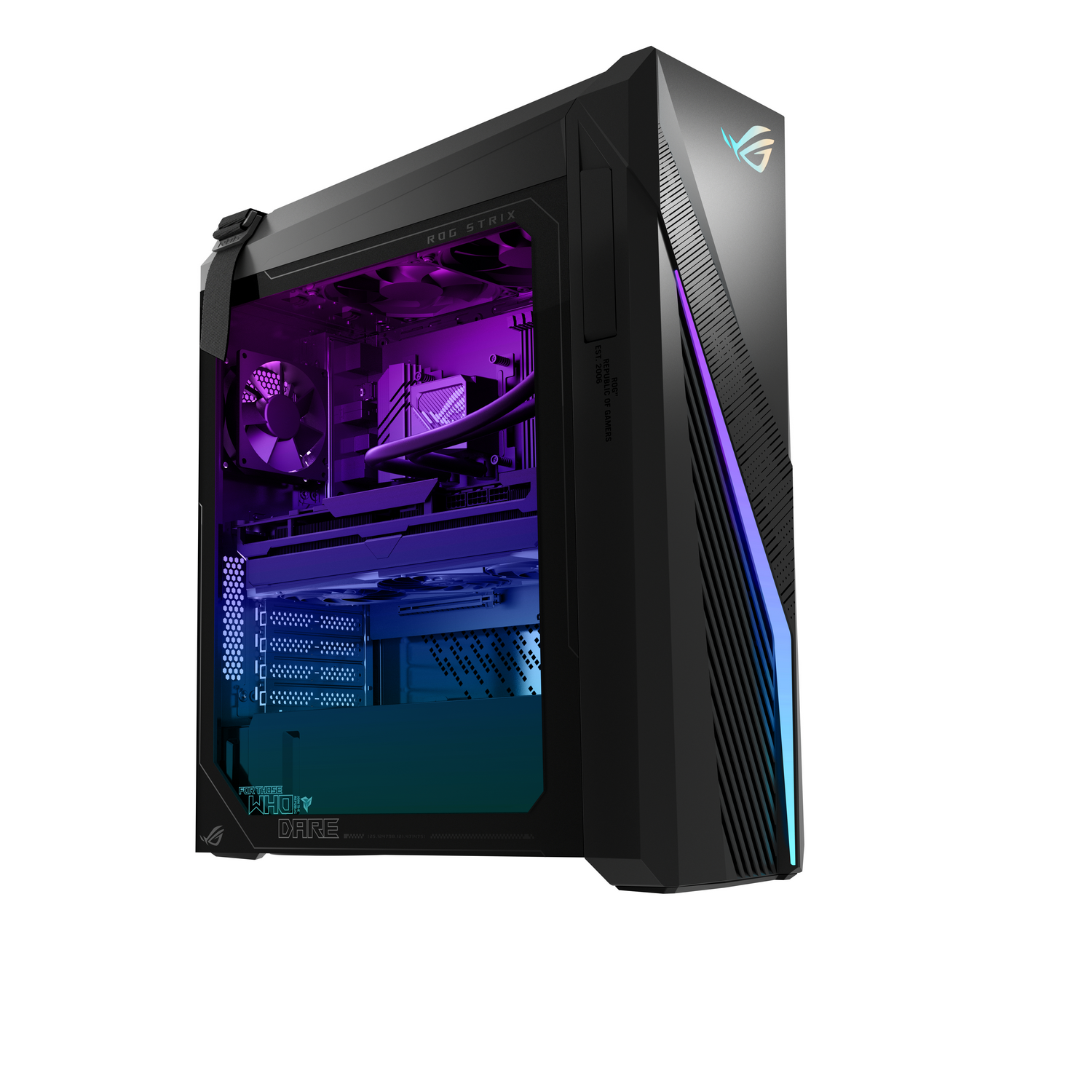 Una torre de computadora para juegos negra, con iluminación RGB y un panel lateral transparente.
