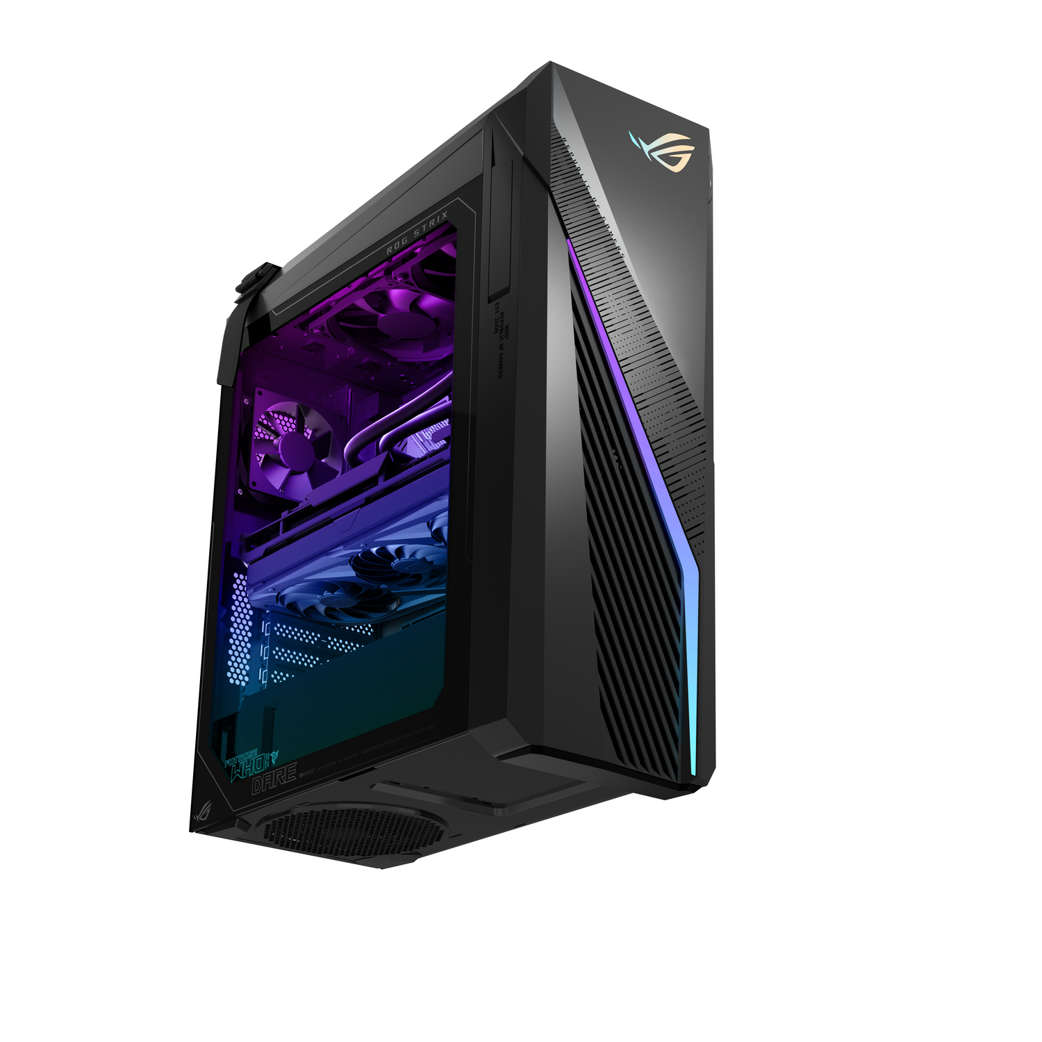 Caja de PC para juegos negra, con iluminación RGB. El panel lateral muestra los componentes internos. Vista en ángulo.