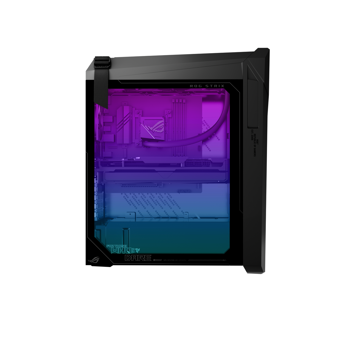 Una caja de computadora negra con un panel lateral transparente muestra componentes internos con degradado.