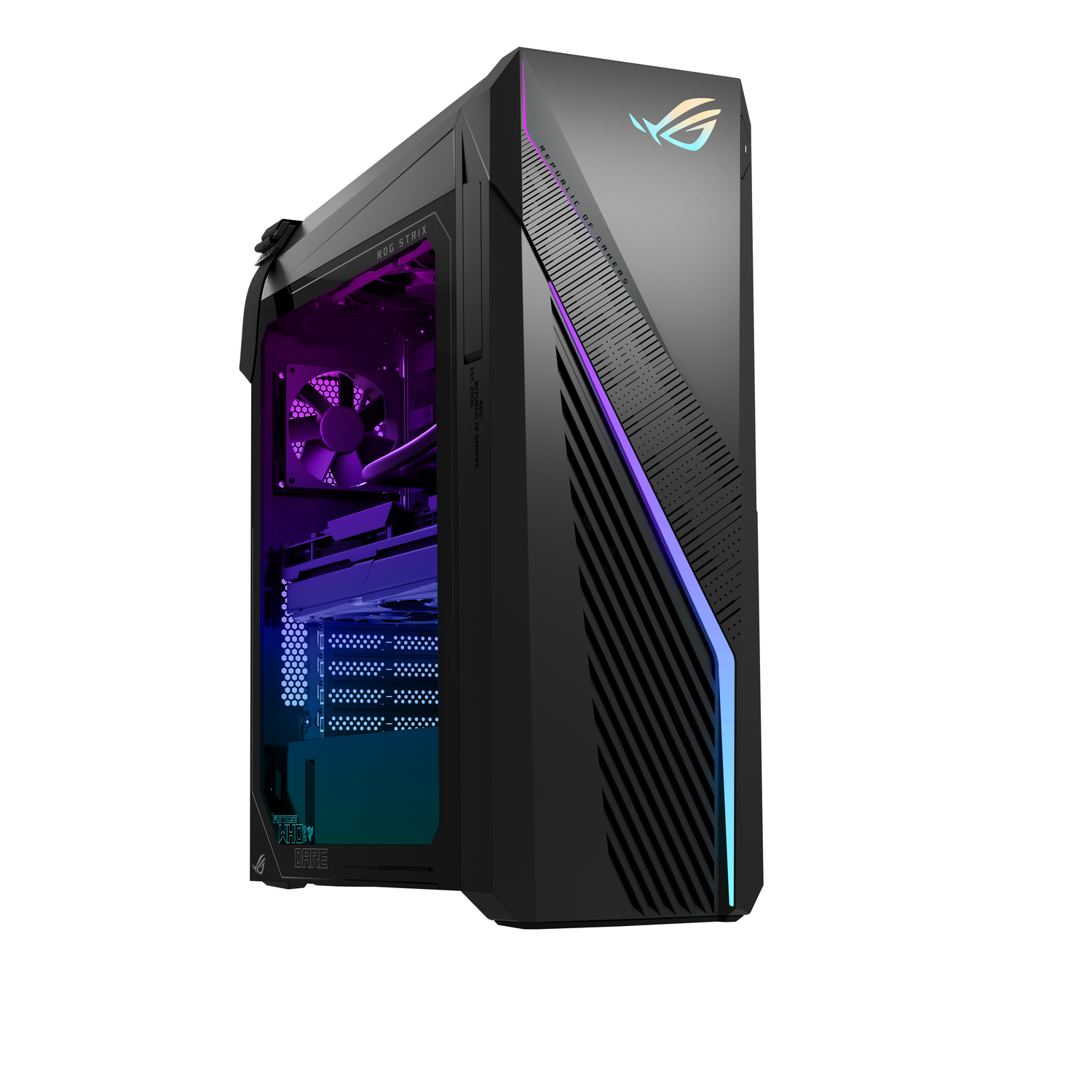 PC para juegos negro con luces RGB y panel lateral de vidrio.