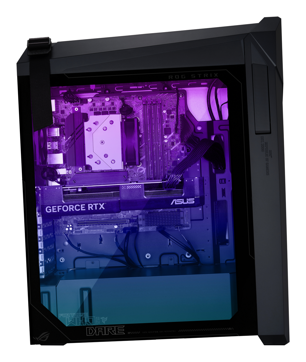 Caja de PC negra con la marca ROG STRIX. El interior iluminado muestra componentes, incluyendo una tarjeta gráfica.