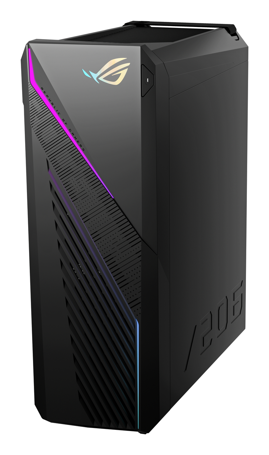 PC gaming ROG Strix negro, vista en ángulo, con efectos de iluminación RGB y fondo blanco.