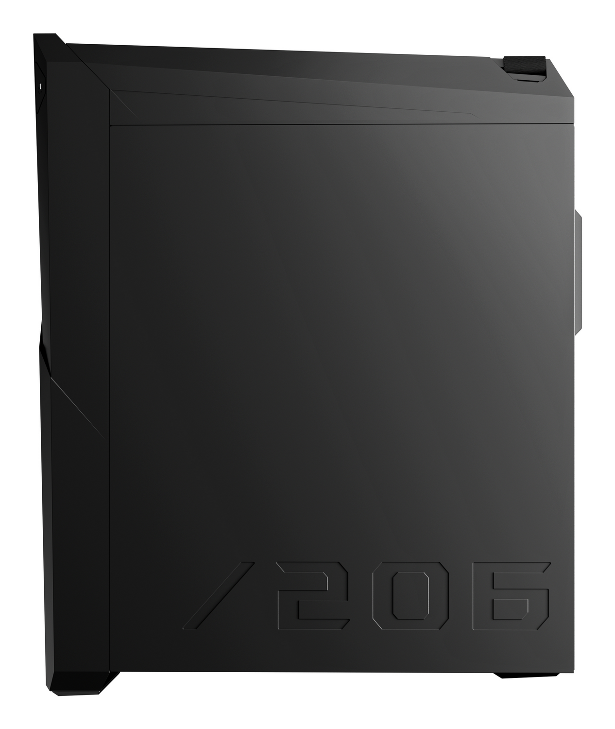 Panel lateral de PC gaming ROG Strix negro, mostrando el diseño /205, fondo blanco.
