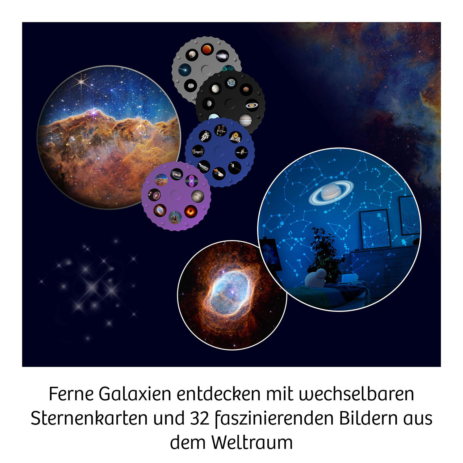 Das Bild zeigt einen Weltraumszenen-Projektor mit austauschbaren Dias. Enthält Nebel, Planeten und ein Zimmer mit projizierten Sternen.
