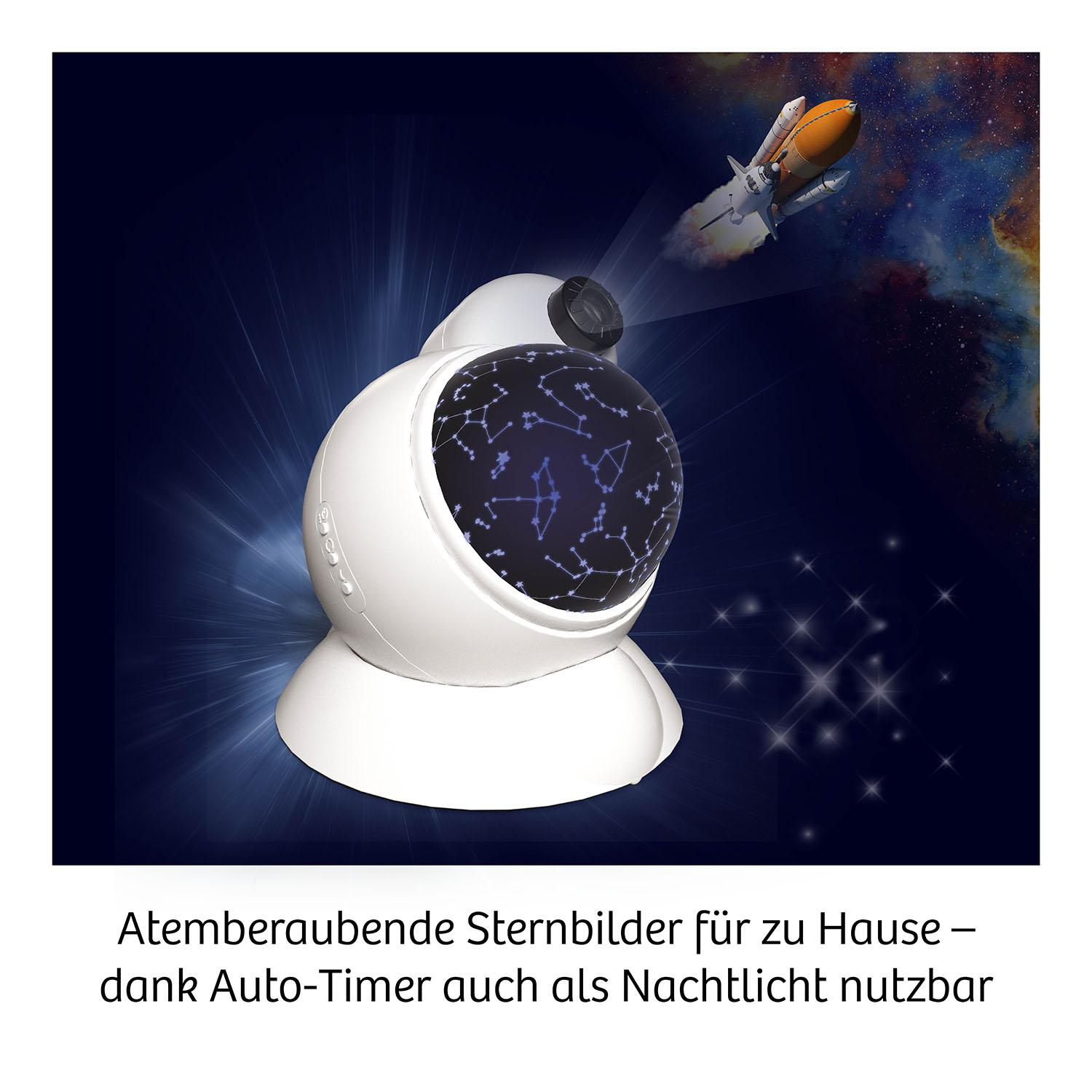 Ein weißer Sternprojektor zeigt Sternbilder. Eine Rakete fliegt im Weltraum. Text unten erwähnt die "Nachtlicht"-Funktion.