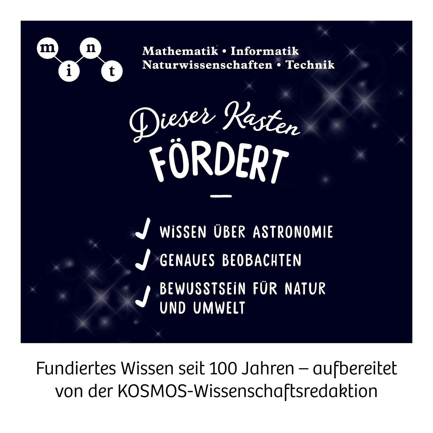 Poster mit deutschem Text. Es fördert Wissen über Astronomie, Beobachtung und Bewusstsein für Natur und Umwelt.