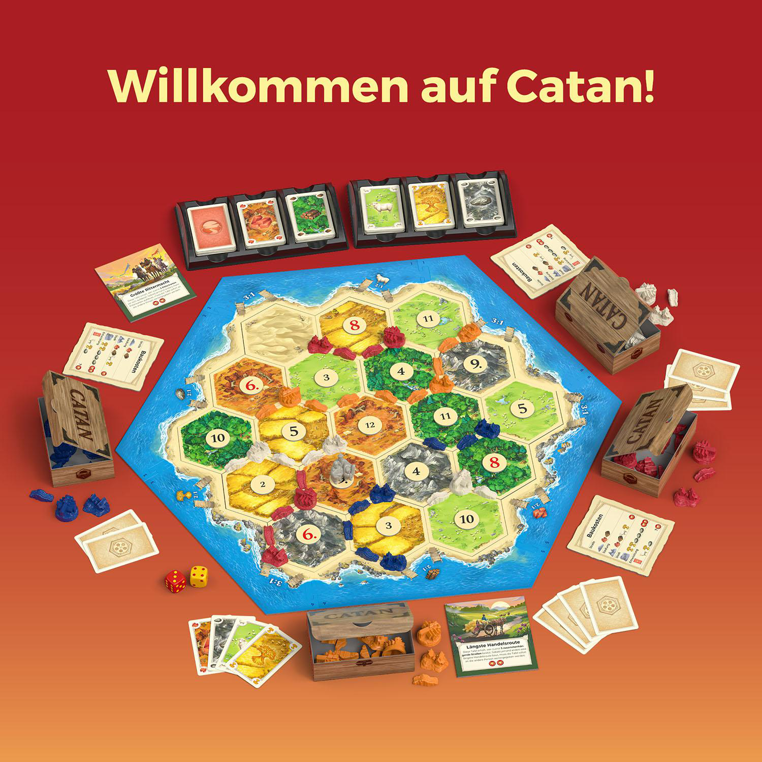 Catan-Brettspiel-Setup. Das Brett ist blau, und die Spielsteine sind darum herum platziert. Text: Willkommen bei Catan!