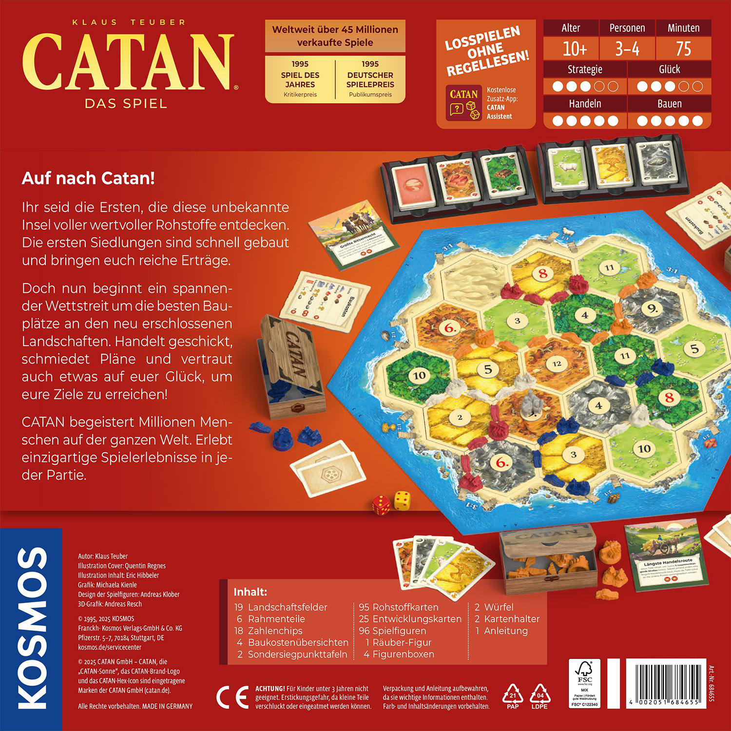 Catan Brettspielbox mit Text und verschiedenen Spielkomponenten.