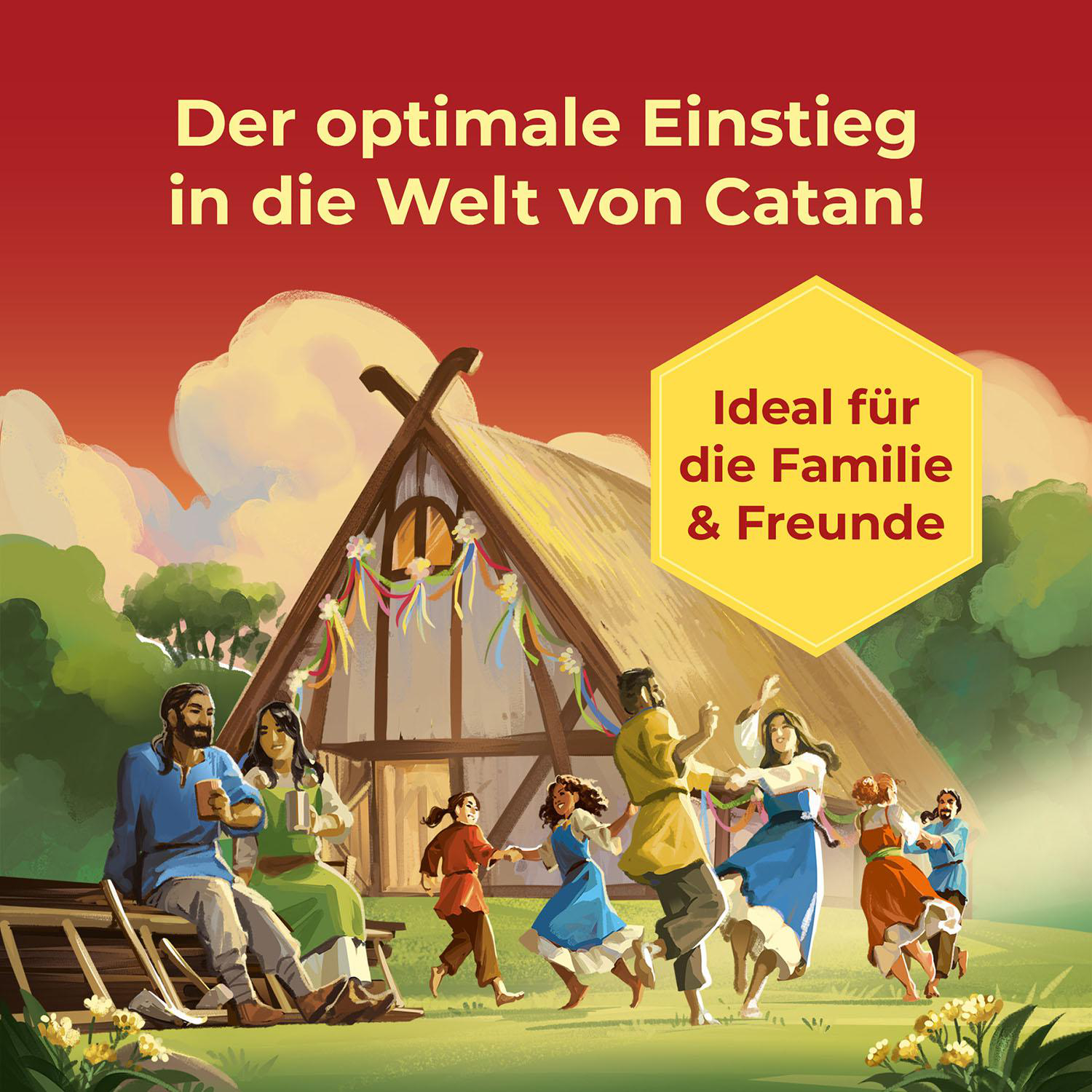 Illustration von tanzenden Menschen vor einem Haus. Text: 'Der optimale Einstieg in die Welt von Catan!'