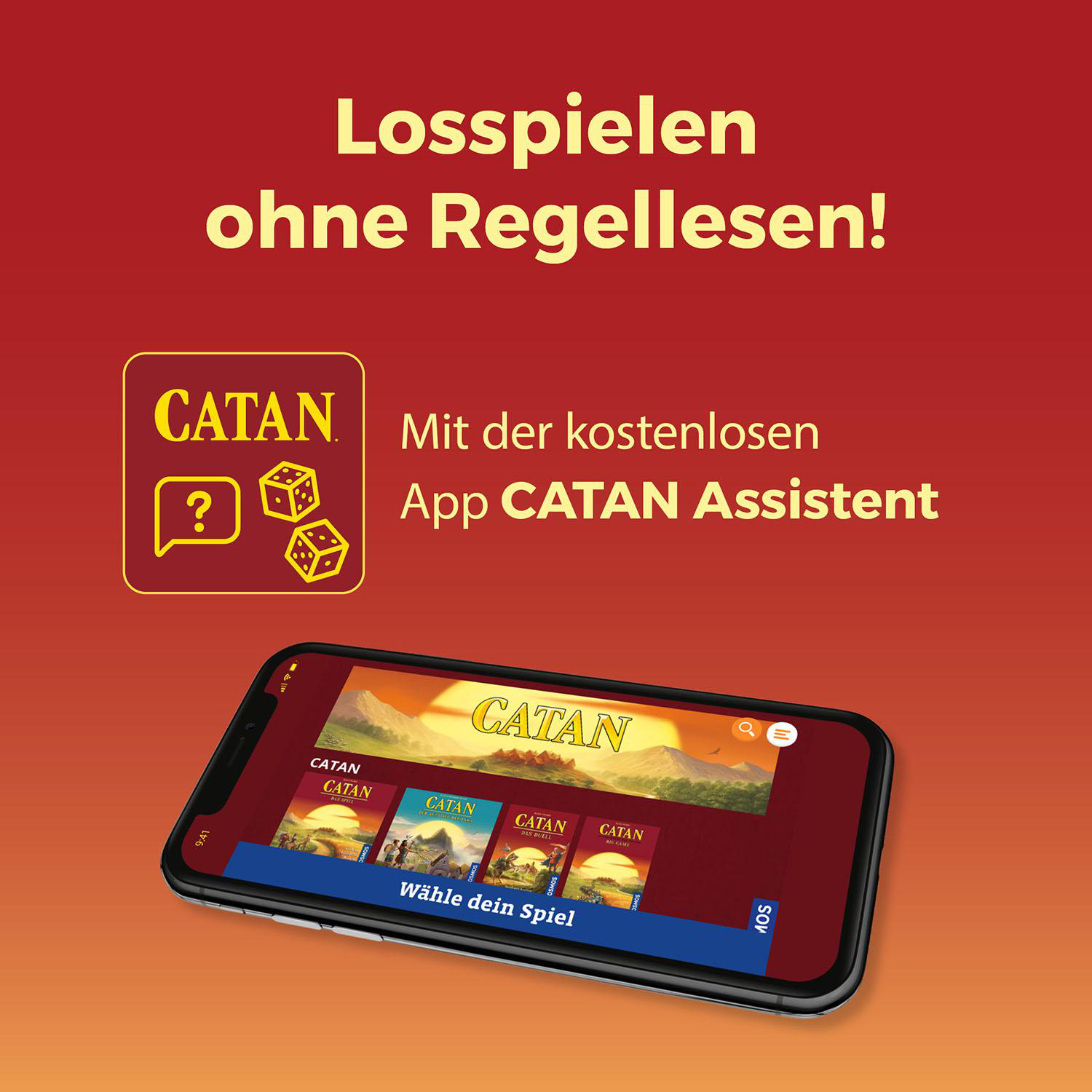 Ein Smartphone, das eine Catan-Spiel-App auf rotem Hintergrund zeigt.