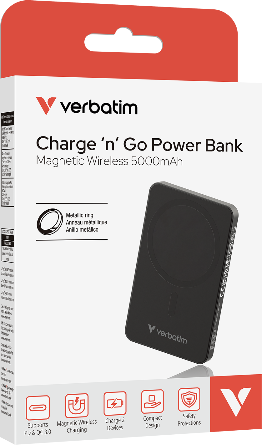 Verbatim power bank, csomagolás mágneses vezeték nélküli töltéssel, fekete fehér háttéren.