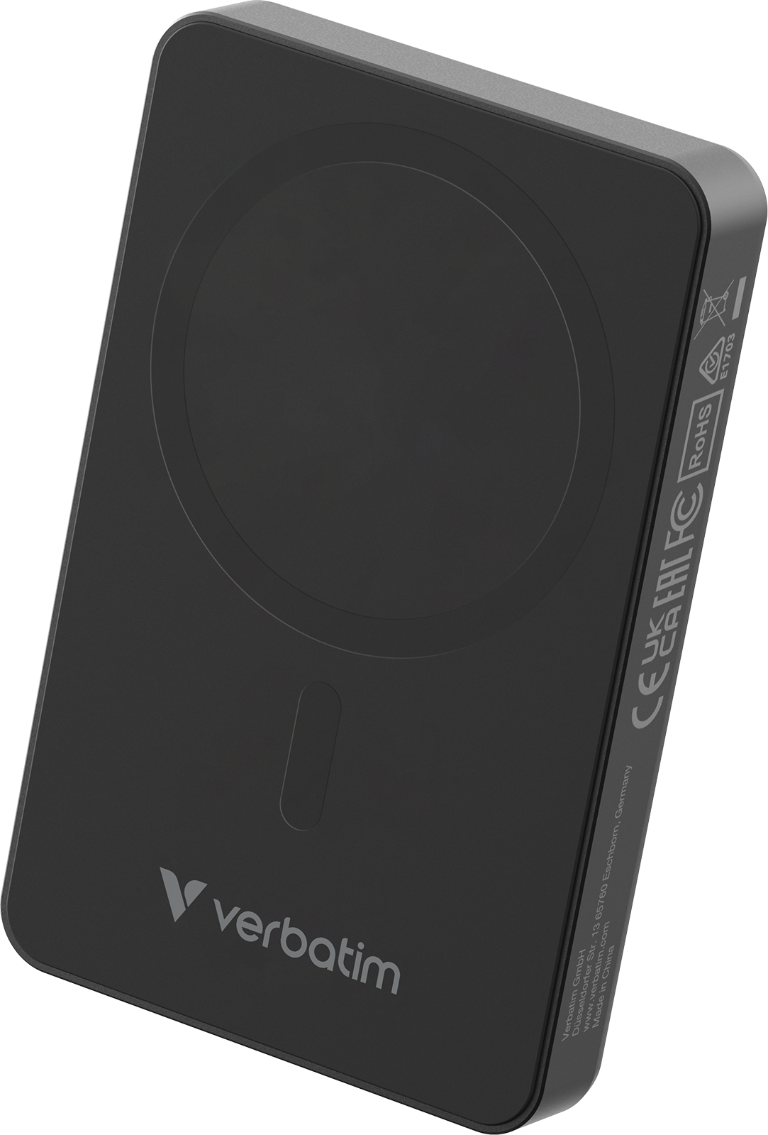 Fekete Verbatim power bank, kör alakú töltőpaddal és Verbatim logóval, sötét felületen.