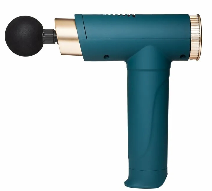 Turkusowy i złoty pistolet do masażu. Głowica jest czarna, a uchwyt turkusowy.