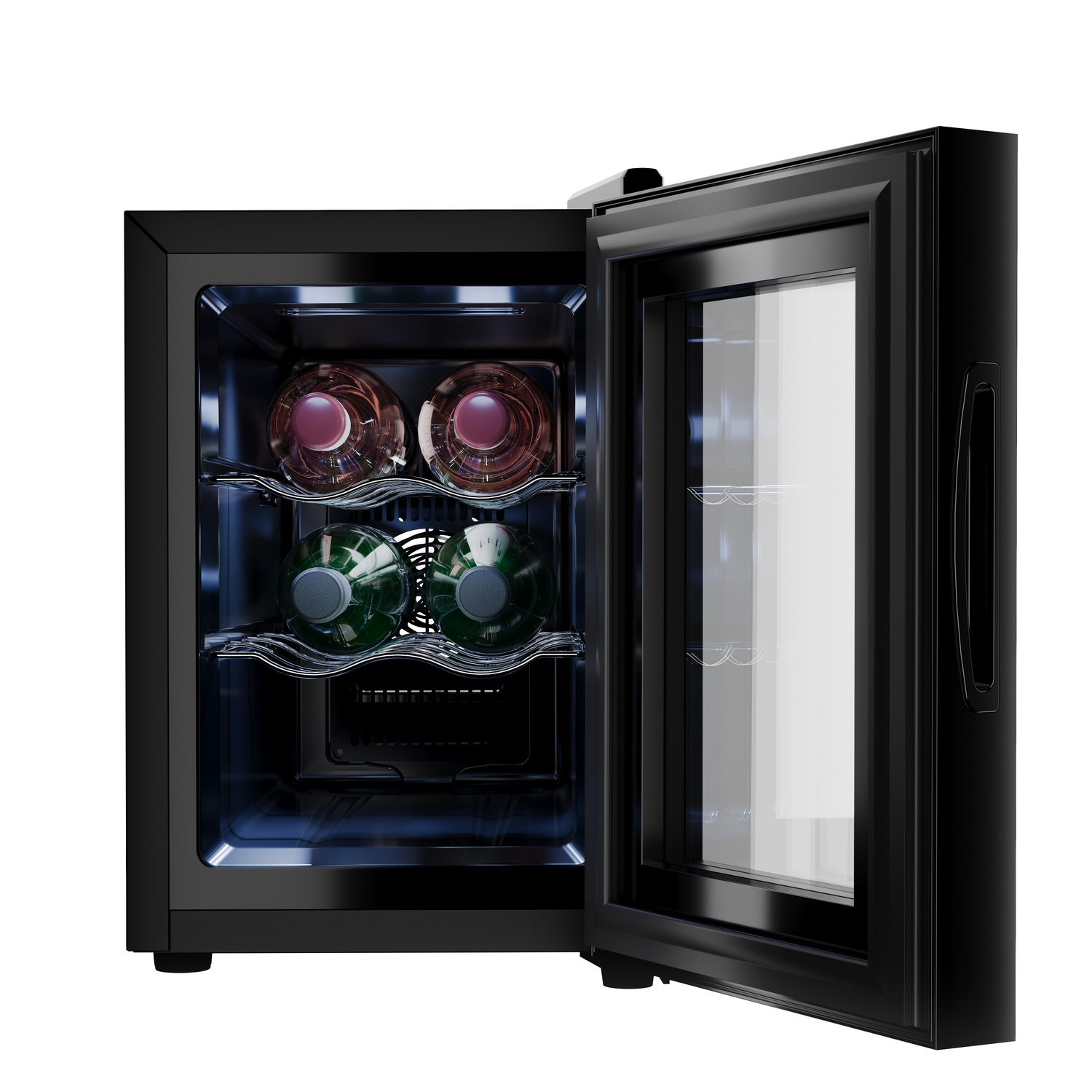 Black wine cooler with two bottles of wine inside, glass door open, interior light.