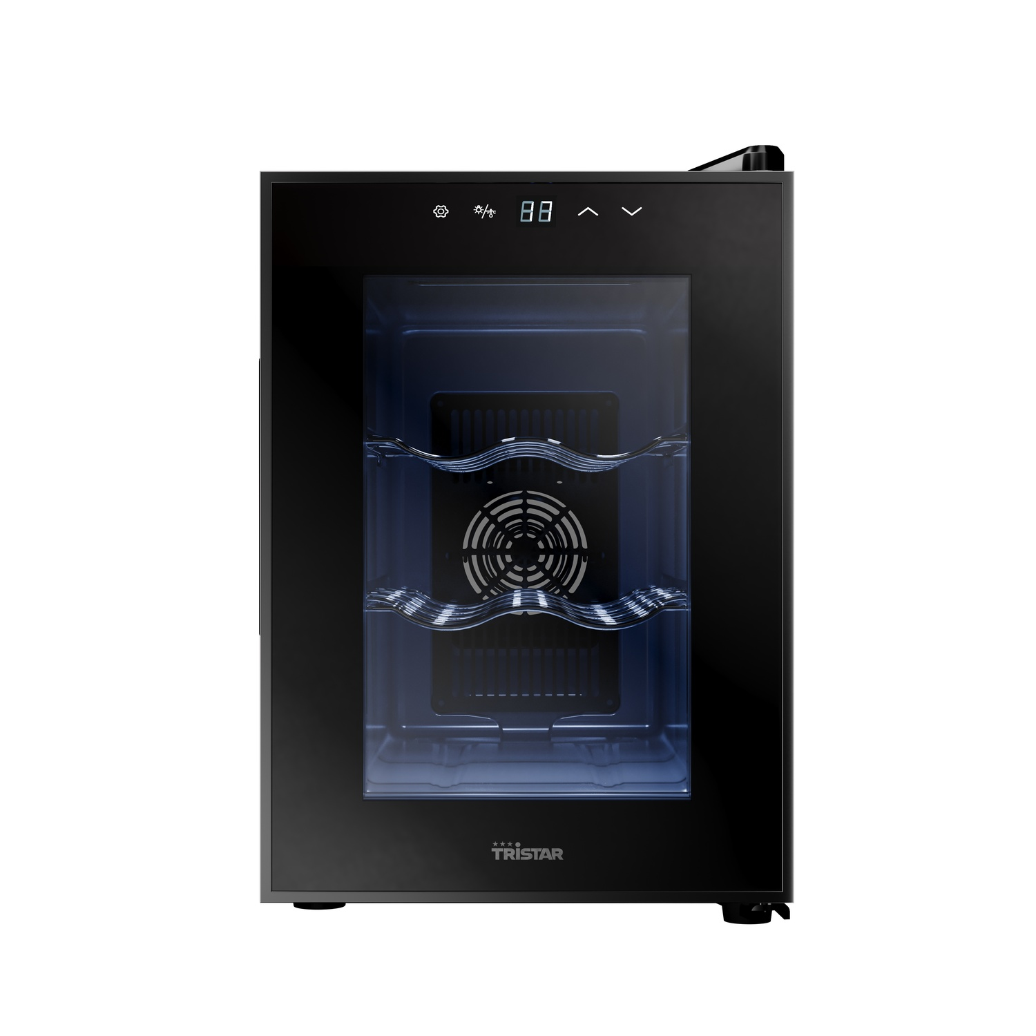 Black Tristar wine cooler, closed. Glass door, buttons on top, and ventilation inside.