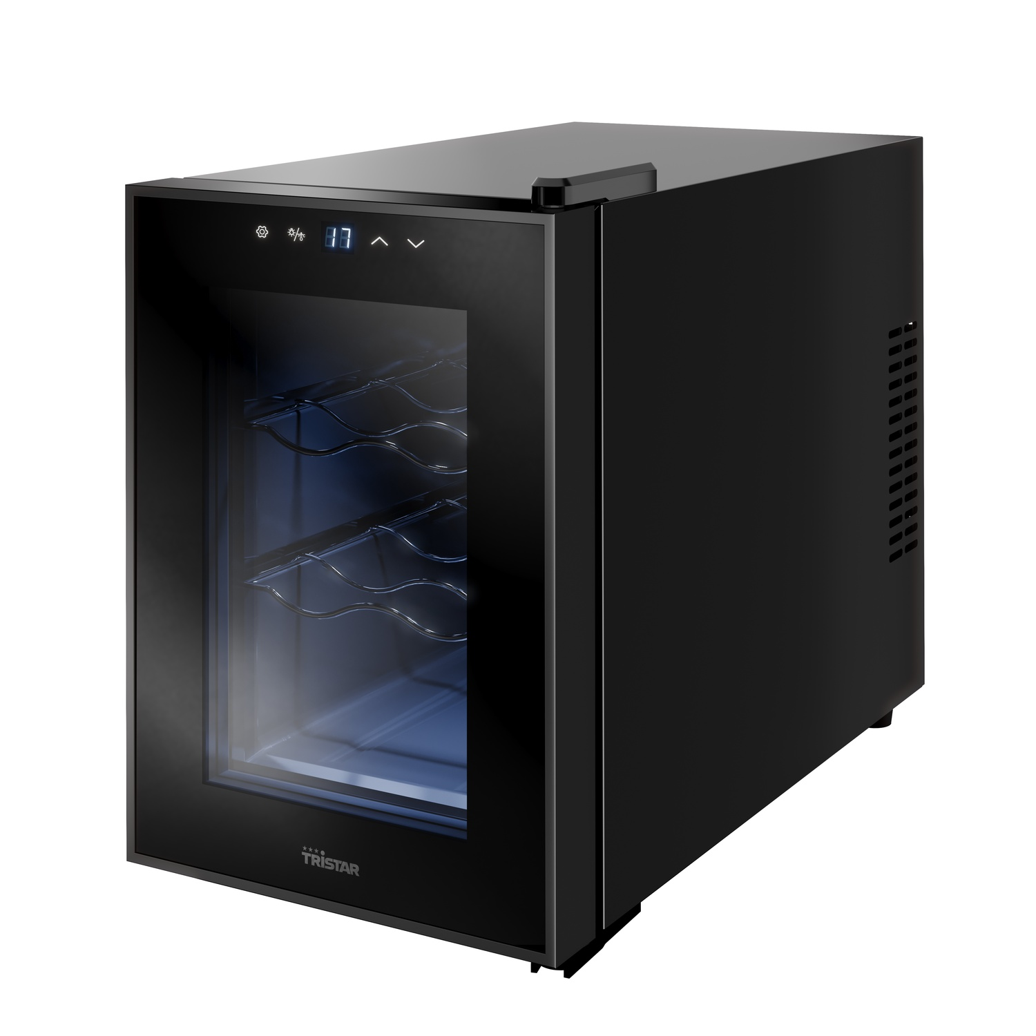 Black wine cooler with glass door. Silver racks inside. White background.