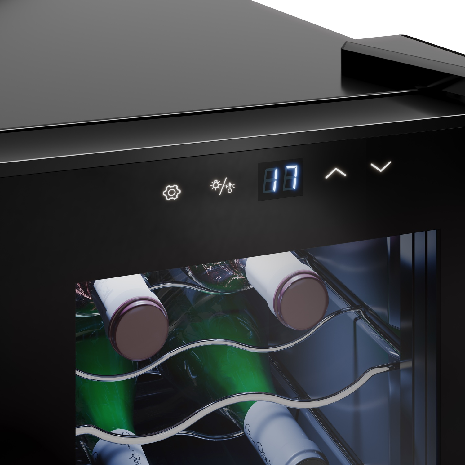 A black wine cooler, with bottles inside and a digital temperature display.