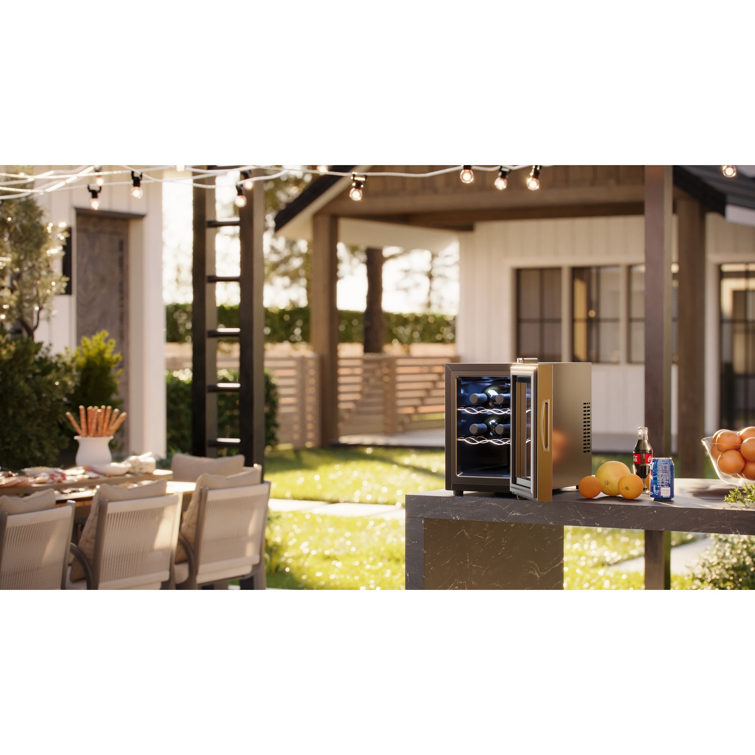 An outdoor setting with a wine cooler, drinks, and food near a house and garden.